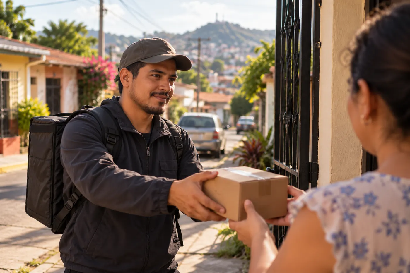 Un repartidor entrega una caja en la puerta de una casa